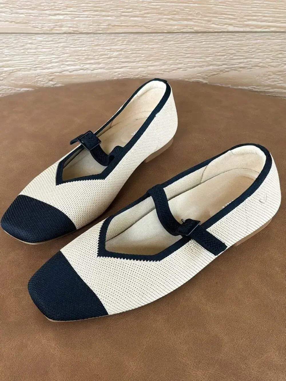 Vivaia NWOB Beige Mary Jane Knit Flats with Black Square Toe and Strap -Sz 41